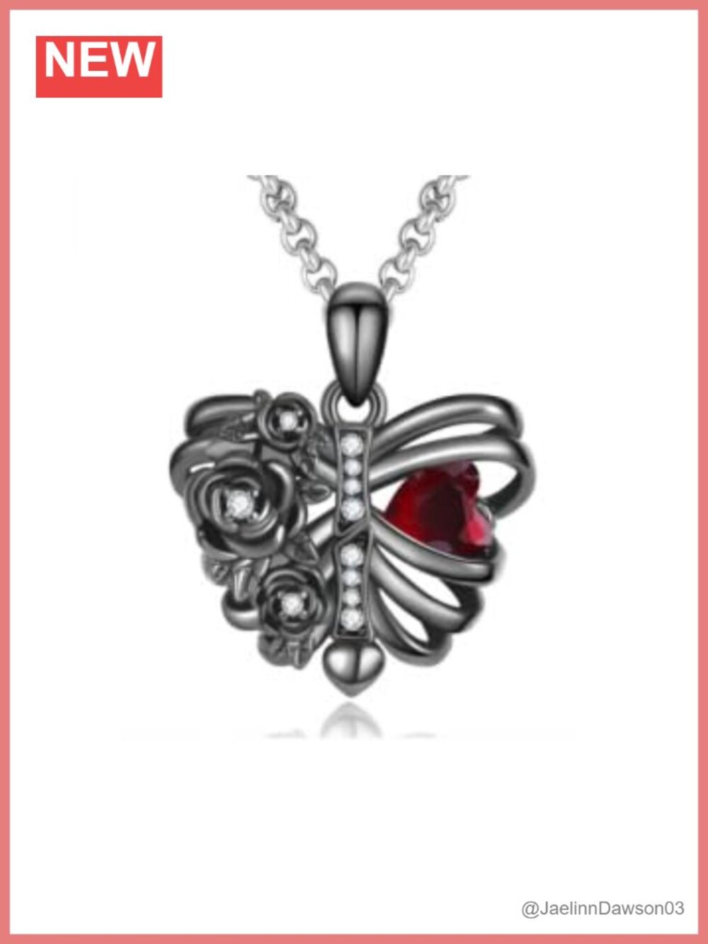 Gothic Rib Cage Heart Pendant Necklace 925 Sterling Silver Black Skull Skeleton
